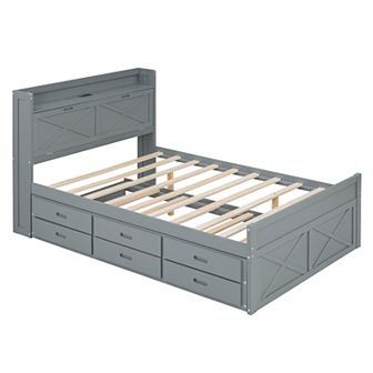 Merax Full Wooden Bed with Storage Headboard with Outlets, Extendable Bed with Twin Size Trundle