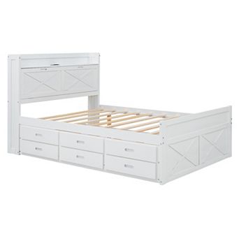 Merax Full Wooden Bed with Storage Headboard with Outlets, Extendable Bed with Twin Size Trundle