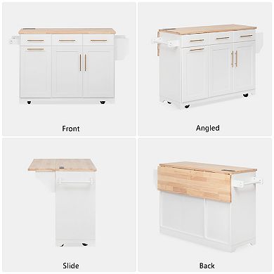Merax Kitchen Island with Storage 2 Pull Out Cabinet Organizers & Rubber Wood Drop Leaf