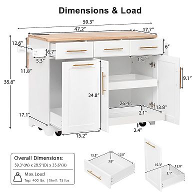 Merax Kitchen Island with Storage 2 Pull Out Cabinet Organizers & Rubber Wood Drop Leaf