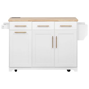 Merax Kitchen Island with Storage 2 Pull Out Cabinet Organizers & Rubber Wood Drop Leaf