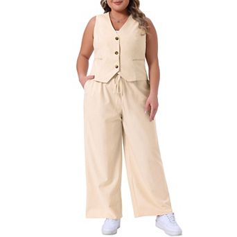 Women's Plus Size 2 pc Sleeveless Lined Waistcoat Vest with Pockets and Palazzo Pants Blazers Set