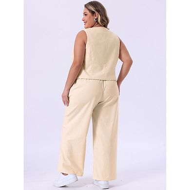 Women's Plus Size 2 Piece Sleeveless Lined Waistcoat Vest with Pockets and Palazzo Pants Blazers Set