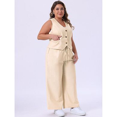 Women's Plus Size 2 Piece Sleeveless Lined Waistcoat Vest with Pockets and Palazzo Pants Blazers Set