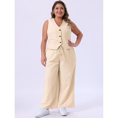 Women's Plus Size 2 Piece Sleeveless Lined Waistcoat Vest with Pockets and Palazzo Pants Blazers Set