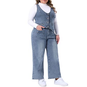Women's Plus Size 2 pc Denim Set, Sleeveless Button Up Waistcoat Vests and Wide Leg Palazzo Pants
