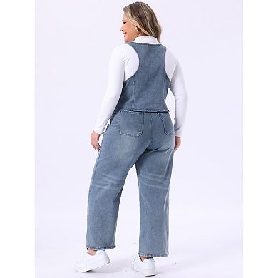 Women's Plus Size 2 Piece Denim Set, Sleeveless Button Up Waistcoat Vests and Wide Leg Palazzo Pants