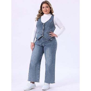 Women's Plus Size 2 Piece Denim Set, Sleeveless Button Up Waistcoat Vests and Wide Leg Palazzo Pants