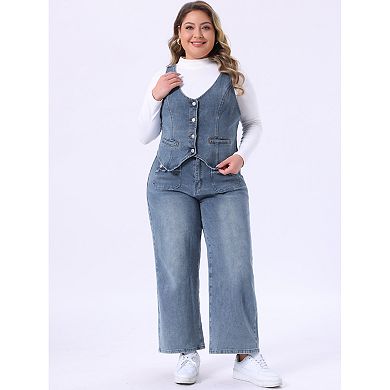 Women's Plus Size 2 Piece Denim Set, Sleeveless Button Up Waistcoat Vests and Wide Leg Palazzo Pants