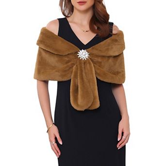 Women's Bridal Faux Fur Shawl Cape Wedding Party Wrap with Faux Pearl Rhinestone Brooch