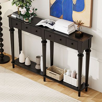 Merax Entryway Table with 4 Drawers, Retro Console Table with Open Shelf for Entryways, Living Rooms