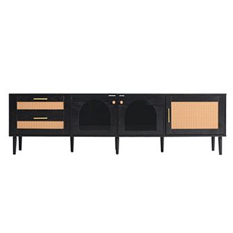 Merax Rattan TV Stand with 3 Cabinets & 2 Drawers, Rattan-inspired Media Console Table