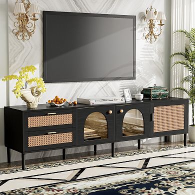 Merax Rattan TV Stand with 3 Cabinets & 2 Drawers, Rattan-inspired Media Console Table