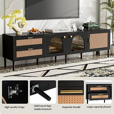 Merax Rattan TV Stand with 3 Cabinets & 2 Drawers, Rattan-inspired Media Console Table