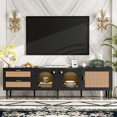 Merax Rattan TV Stand with 3 Cabinets & 2 Drawers, Rattan-inspired Media Console Table