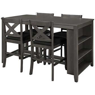 Merax 5 pc Counter Height Rustic Farmhouse Dining Room Wooden Bar Table Set with 4 Chairs