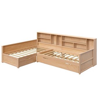 Merax Wooden L Shaped Daybed with Under-bed Trundle and Storage Drawer, Versatile Corner Bed Frame