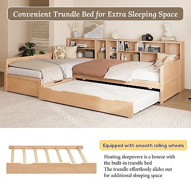 Merax Wooden L Shaped Daybed with Under-bed Trundle and Storage Drawer, Versatile Corner Bed Frame