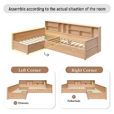 Merax Wooden L Shaped Daybed with Under-bed Trundle and Storage Drawer, Versatile Corner Bed Frame