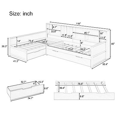 Merax Wooden L Shaped Daybed with Under-bed Trundle and Storage Drawer, Versatile Corner Bed Frame