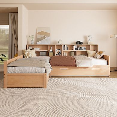 Merax Wooden L Shaped Daybed with Under-bed Trundle and Storage Drawer, Versatile Corner Bed Frame