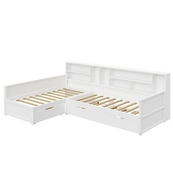 Merax Wooden L Shaped Daybed with Under-bed Trundle and Storage Drawer, Versatile Corner Bed Frame