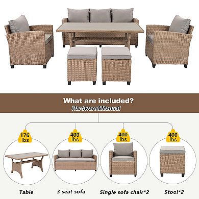 Merax 6-Piece Outdoor Rattan Wicker Set Patio Garden Backyard Sofa, Chair, Stools and Table