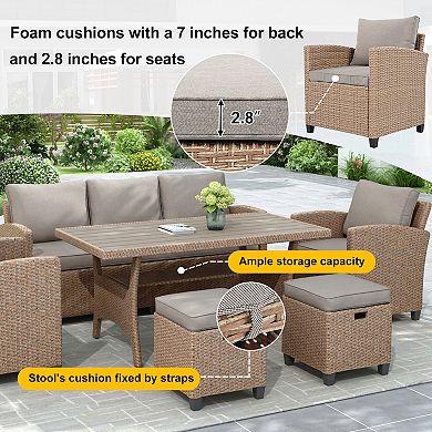 Merax 6-Piece Outdoor Rattan Wicker Set Patio Garden Backyard Sofa, Chair, Stools and Table