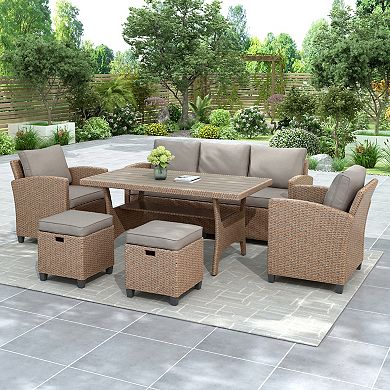 Merax 6-Piece Outdoor Rattan Wicker Set Patio Garden Backyard Sofa, Chair, Stools and Table