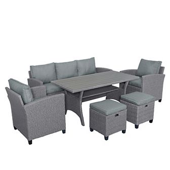 Merax 6 pc Outdoor Rattan Wicker Set Patio Garden Backyard Sofa, Chair, Stools and Table