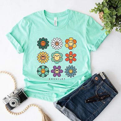 S.W.Smiley Flowers Stacked - Women's Short Sleeve Graphic T-Shirt