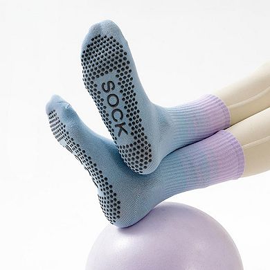 Women's 2 Pairs Gradient Ribbed Crew Socks with Non-Slip Grip Bottom for Indoor or Studio Use