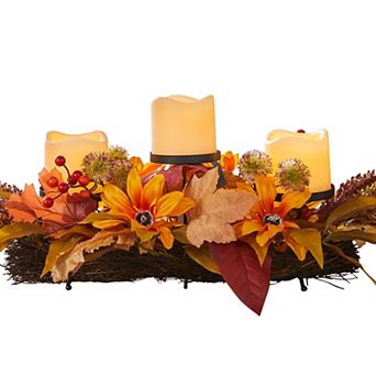 BrylaneHome Pre-Lit Harvest Daisy Candleholder Centerpiece