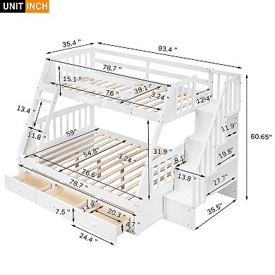 Merax Twin-Over-Full Bunk Bed with Drawers，Ladder and Storage Staircase