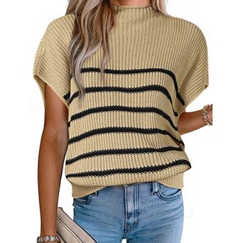 Women's Sleeveless Mock Neck Striped Sweater Vest Casual Cap Sleeve Knit Pullover Tank Tops