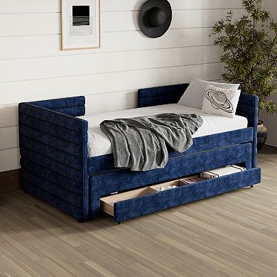 Merax Upholstered Daybed with Trundle and 3 Storage Drawers