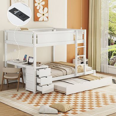 Merax Full-Over-Full Bunk Bed with Twin size Trundle, Storage and Desk