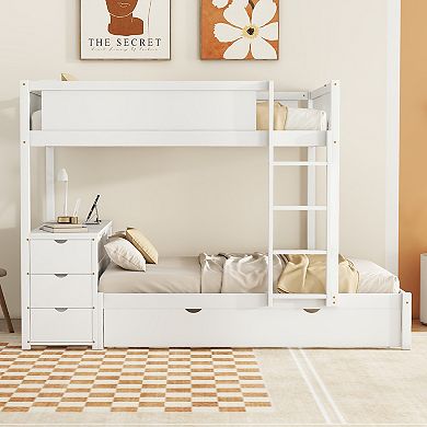 Merax Full-Over-Full Bunk Bed with Twin size Trundle, Storage and Desk