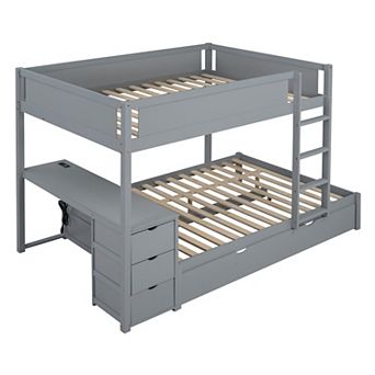 Merax Full-Over-Full Bunk Bed with Twin size Trundle, Storage and Desk