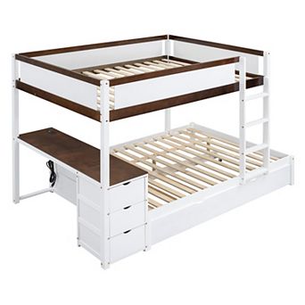 Merax Full-Over-Full Bunk Bed with Twin size Trundle, Storage and Desk