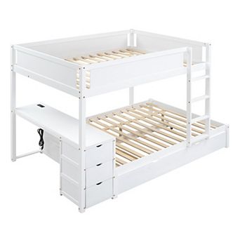 Merax Full-Over-Full Bunk Bed with Twin size Trundle, Storage and Desk