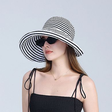 Women's Wide Brim Bucket Hat with Black and White Stripe Pattern and Sun Protection Design