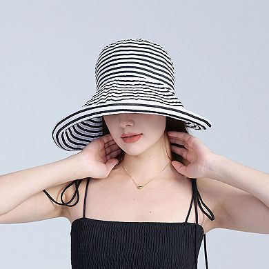 Women's Wide Brim Bucket Hat with Black and White Stripe Pattern and Sun Protection Design