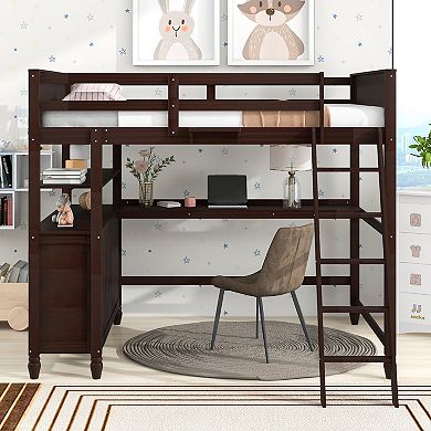 Merax Full size Loft Bed with Drawers and Desk, Wooden Loft Bed with Shelves