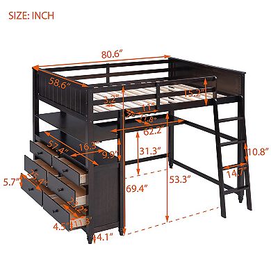 Merax Full size Loft Bed with Drawers and Desk, Wooden Loft Bed with Shelves