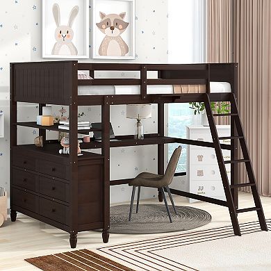 Merax Full size Loft Bed with Drawers and Desk, Wooden Loft Bed with Shelves