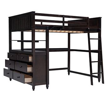 Merax Full size Loft Bed with Drawers and Desk, Wooden Loft Bed with Shelves