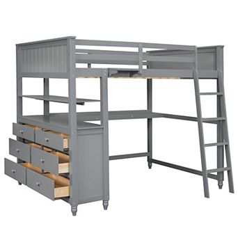 Merax Full size Loft Bed with Drawers and Desk, Wooden Loft Bed with Shelves