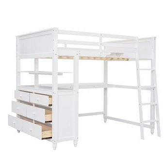 Merax Full size Loft Bed with Drawers and Desk, Wooden Loft Bed with Shelves