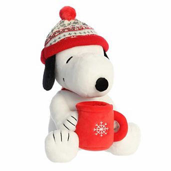 Aurora Medium White Festive Stuffed Animal 12" Winter Hat Snoopy With Mug Peanuts